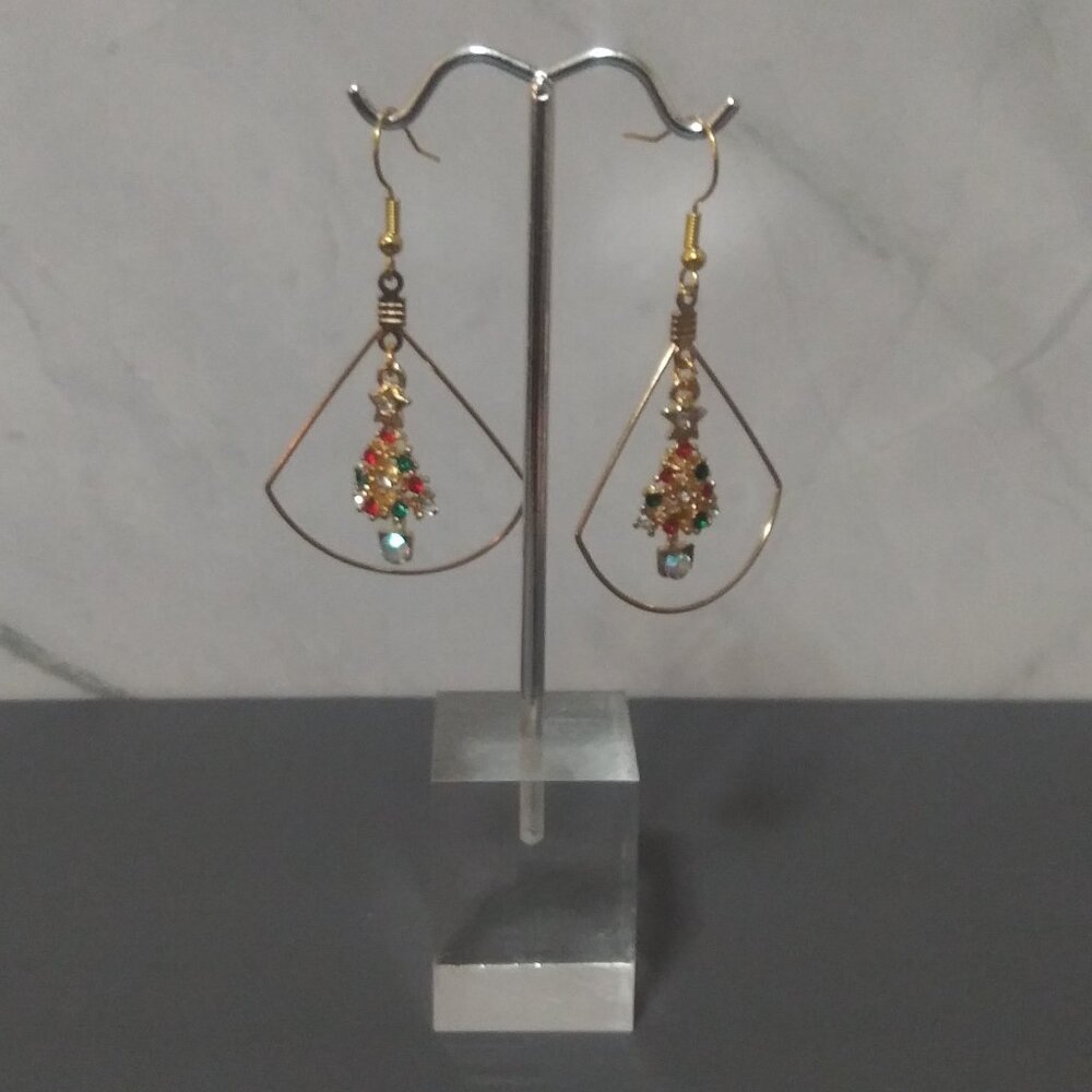 Sparkling Holiday Teardrop Earrings Gold Wire Frame with Rhinestone Trees